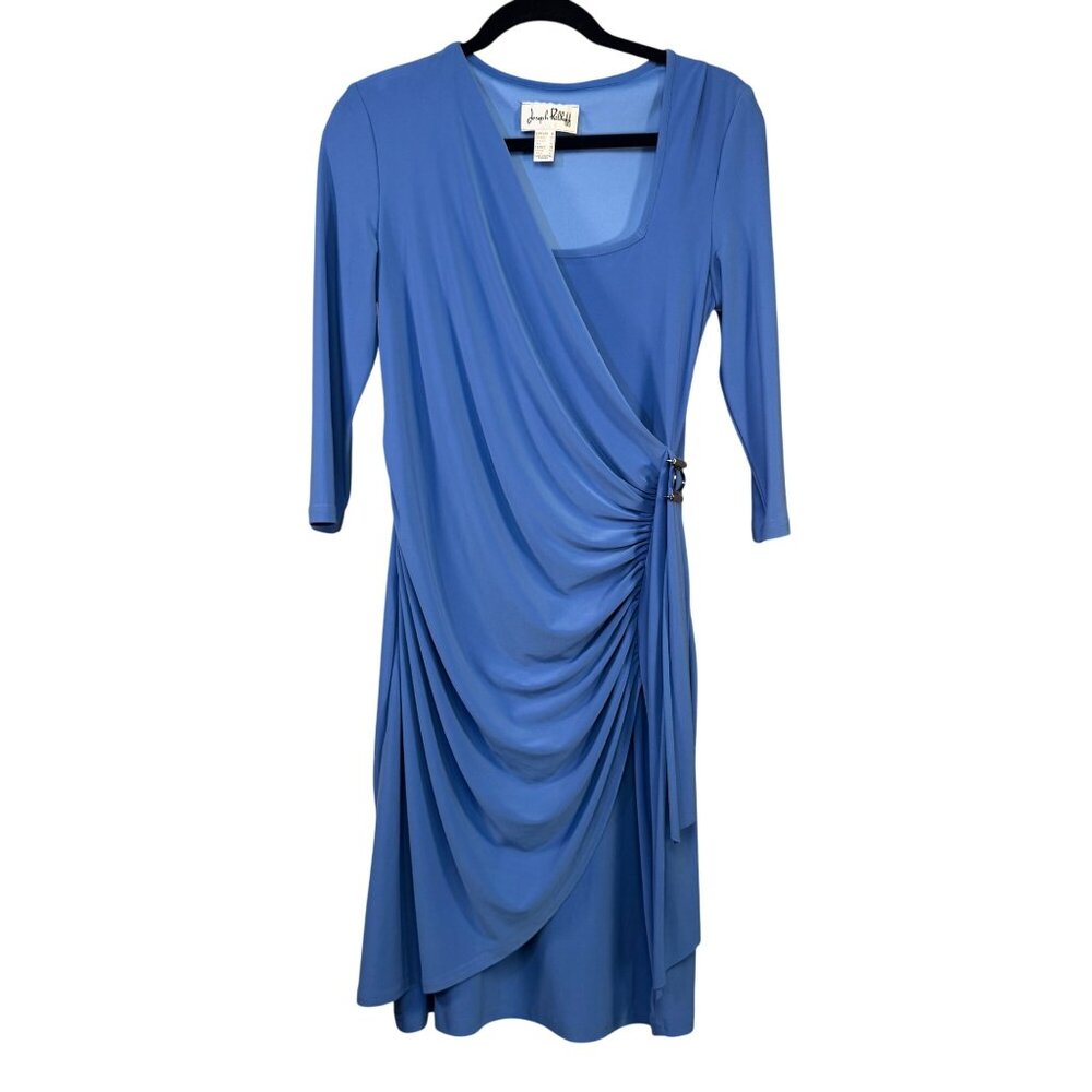Joseph Ribkoff Blue Faux Wrap Dress With 3/4 Sleeves & Buckle Detail Size 8